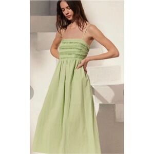 AYR Smocked Midi Dress Green Cotton Tencel Blend Square Neck Size Small